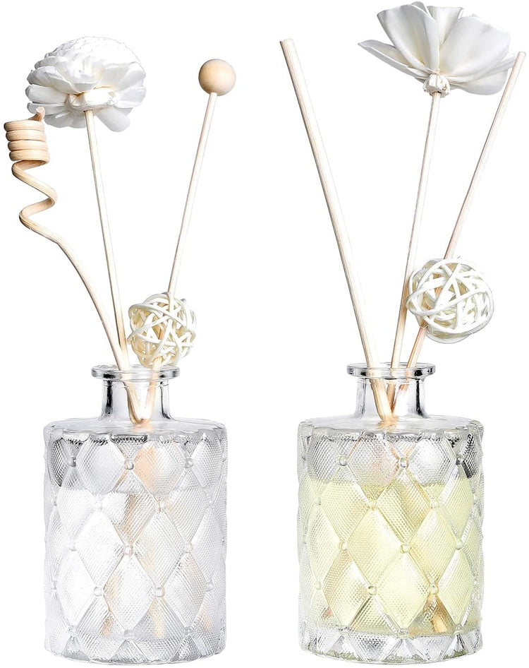 Set of 2, Decorative Clear Glass Embossed Diamond Pattern Diffuser Bottles, Mini Flower Bud Vases-MyGift