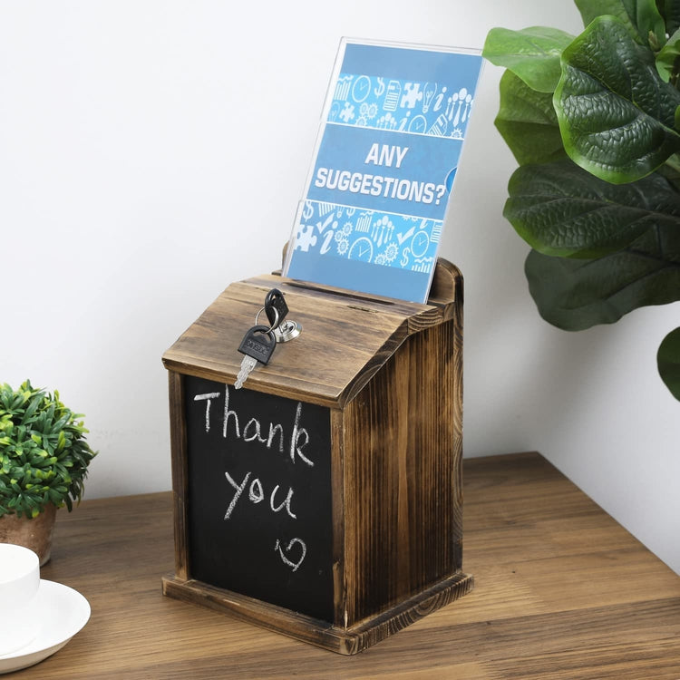Burnt Wood Wall Mountable Tip Box, Donation Bin, Locking Comment Ballot Box, Clear Acrylic Sign and Chalkboard, Set of 2-MyGift