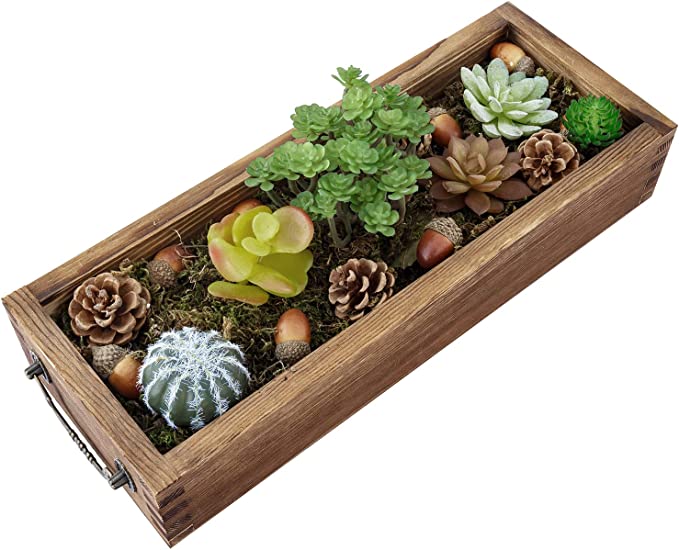 Dark Brown Wood Decorative Artificial Succulents, Tabletop Window Box Planter with Vintage Style Brass Side Handles-MyGift