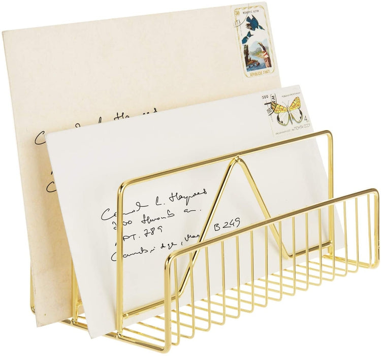 3-Slot Modern Brass Wire Desktop Mail Sorter, Metal Letter Organizer Rack-MyGift