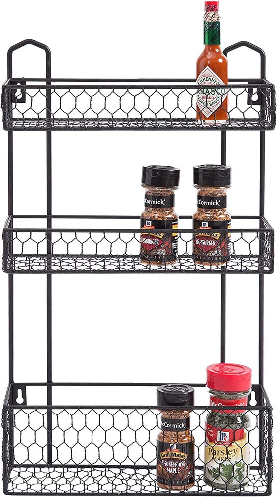 3 Tier Rustic Wall Mounted Black Metal Chicken Wire Bathroom Shelf Organizer-MyGift