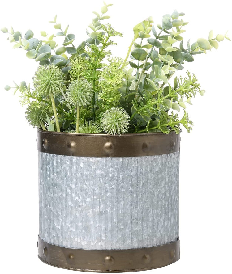 Round Cylindrical Galvanized Corrugated Metal Planter Pot with Bronze Riveted Style Rimmed Border-MyGift