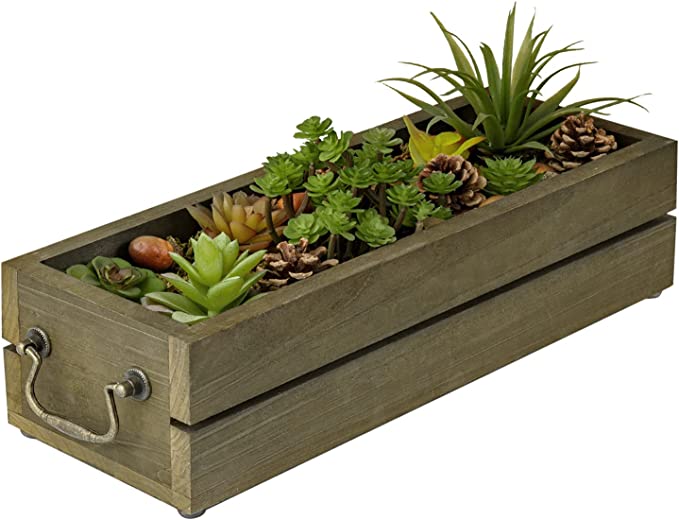 Artificial Succulent Plant in Brown Wood Planter, Tabletop Window Box Planter with Vintage Brass Metal Handles-MyGift