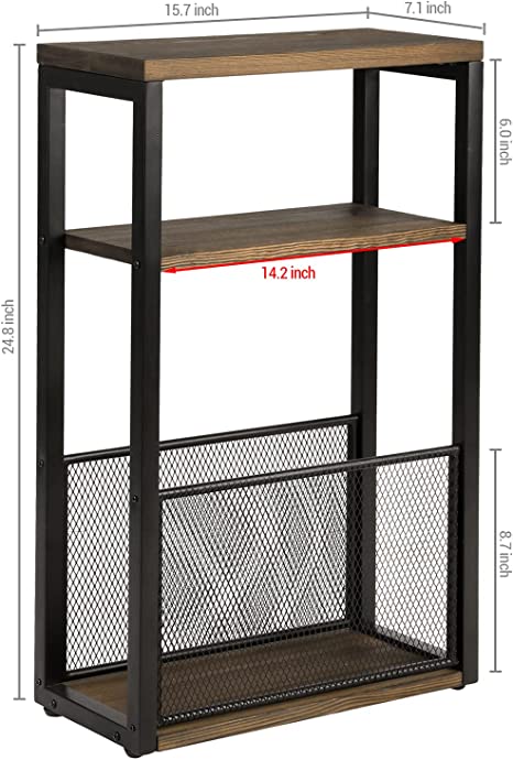 Rustic Burnt Wood End Table with Industrial Black Metal Frame and Mesh Magazine Holder, 25 Inch-MyGift
