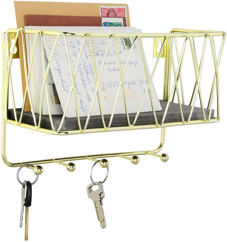 Wall Mounted Gray Wood Shelf with Brass Tone Metal Wire Framed Mail Sorter Basket and 5 Key Holder Hooks Storage Rack-MyGift