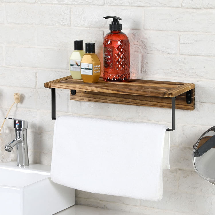 Burnt Wood and Black Metal Wall-Mounted Towel Rack with Bath Storage Shelf-MyGift