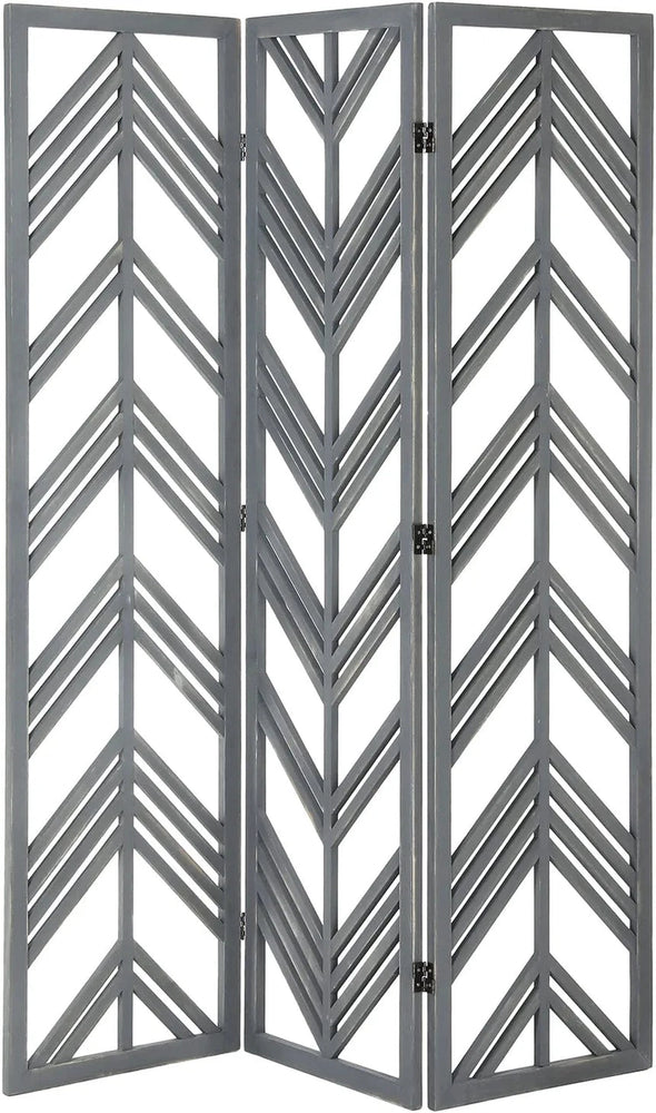 3 Panel Distressed Gray Wood Cut Out Chevron Design Room Divider, Standing Tri Fold Trellis Style Screen Partition-MyGift