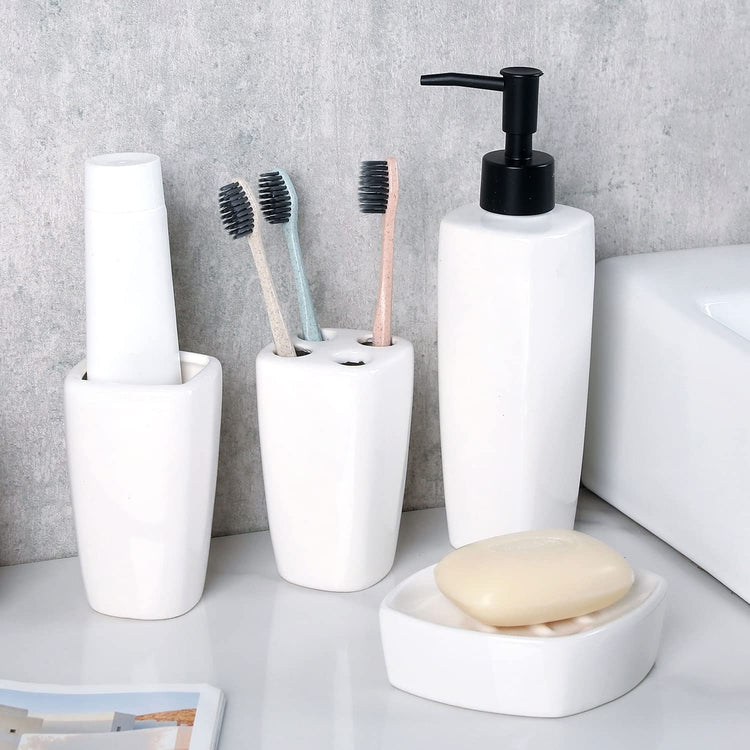 White Ceramic Square Bathroom Accessory Set with Black Accent Pump Dispenser, Toothbrush Holder, Tumbler, Soap Dish-MyGift