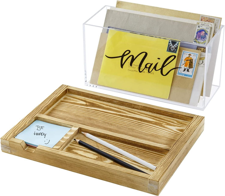 Clear Acrylic Mail Sorter Box w/ Cursive Decorative "Mail" Label and Burnt Wood Office Supplies Tray-MyGift
