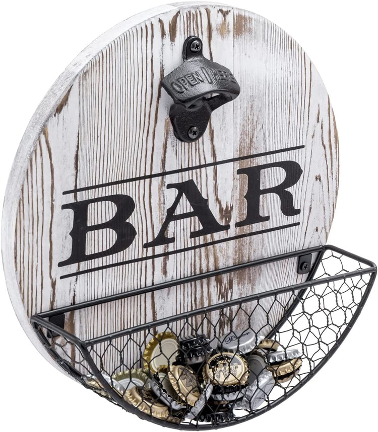 Vintage Bar Sign, Whitewashed Wood Wall Decor and Metal Bottle Opener and Mesh Wire Bottle Cap Catcher Basket-MyGift