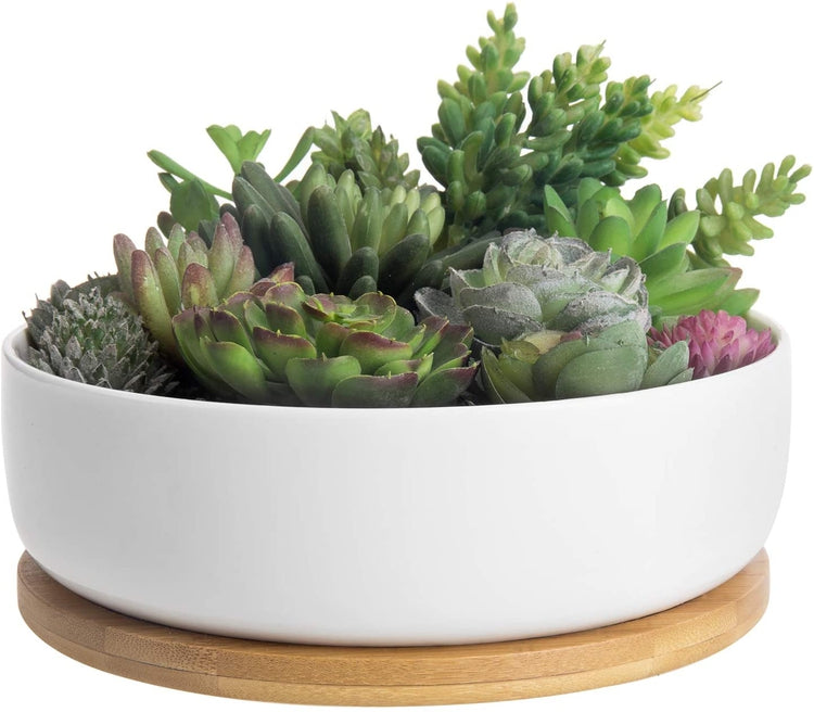 8-Inch Succulent White Ceramic Round Planter Pot with Drainage Hole and Removable Bamboo Tray-MyGift