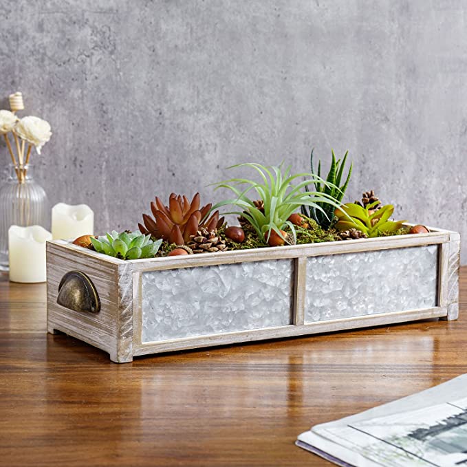 Decorative Artificial Succulents, Wood and Metal Tabletop Artificial Succulent Centerpiece with Vintage Brass Tone Handles-MyGift