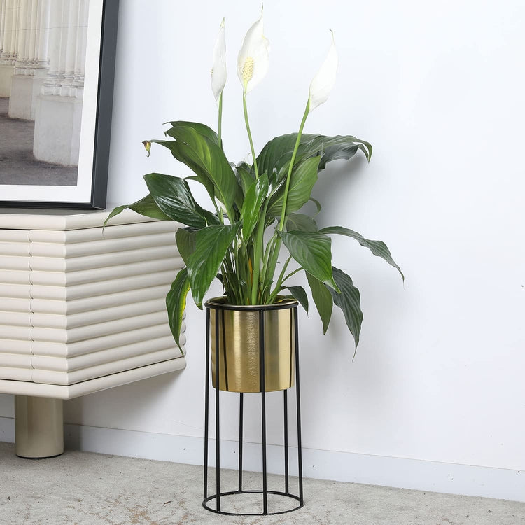 6 inch Modern Brass Tone Metal Flower Planter Pot with Industrial Black Metal Wire Display Stand-MyGift