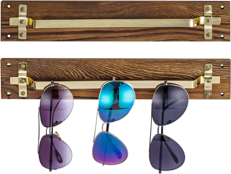 Set of 2, Burnt Wood and Brass Metal Wall Mounted Sunglasses Holder Hanger Display Organizer Rack-MyGift