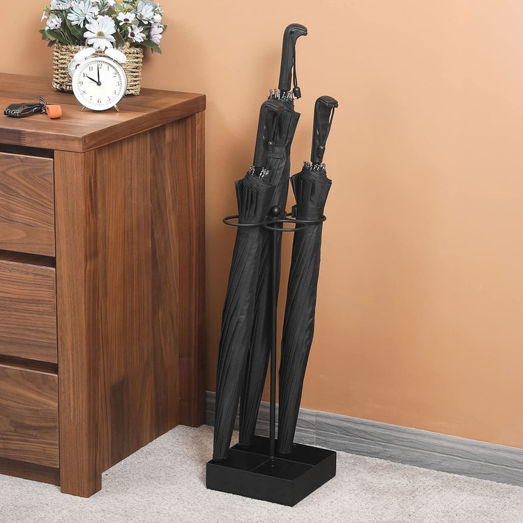 Matte Black Metal Freestanding Cane and Umbrella Holder Stand with Floral Design and Bottom Drip Tray-MyGift
