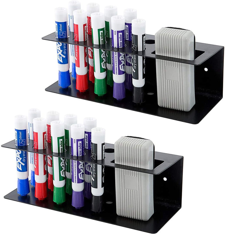 Set of 2, Black Metal 10 Slot Wall Mounted Dry Erase Marker and Eraser Holder, Office Whiteboard Accessories Rack-MyGift