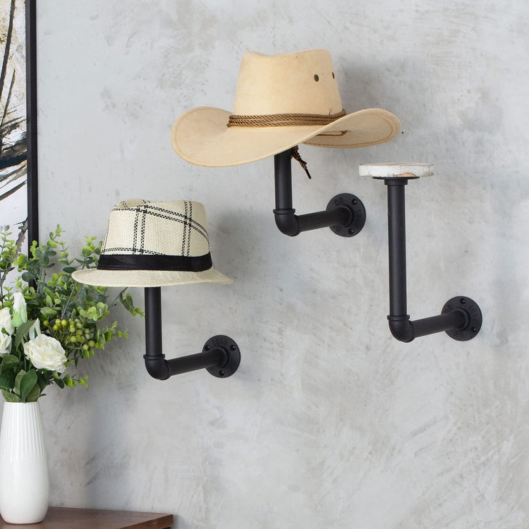 Set of 3, Hat Rack Wall Mount Industrial Black Metal Pipe and Whitewashed Wood Circular Form Wig Holder-MyGift