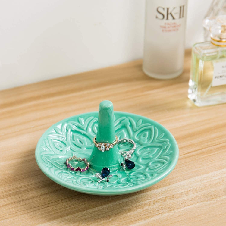 Decorative Embossed Heart Design Turquoise Jewelry Holder, Ceramic Ring Dish-MyGift