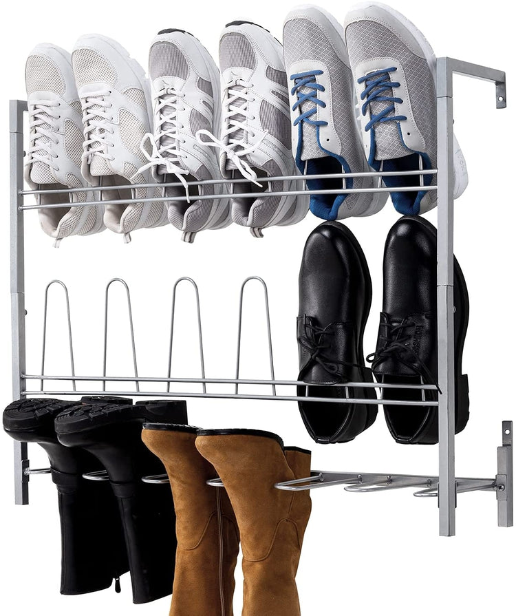 9-Pair, Wall Mounted Silver Metal Wire Boot and Shoe Rack