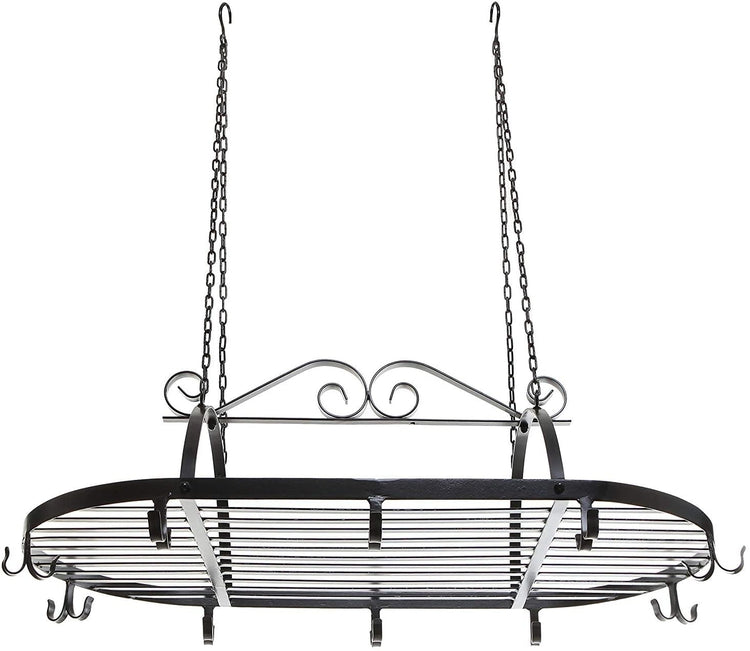 Black Scrollwork Metal Ceiling Mounted Pot and Pan Holder, Hanging Storage Rack with 10 Dual Hooks-MyGift