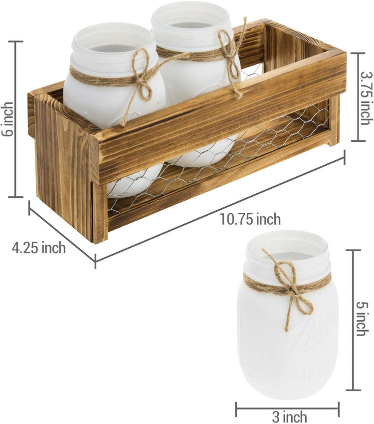 Burnt Brown Wood and Chicken Wire Utensil Holder, Flatware Serving Rack with 3 White Mason Jars