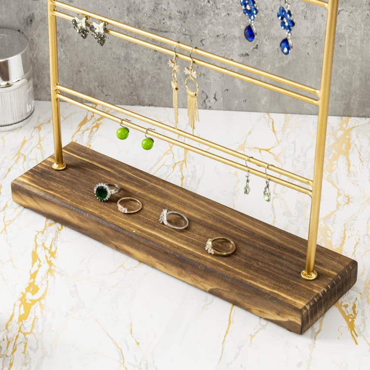 3 Tier Vintage Brass Tone Metal and Burnt Wood Earring Holder, Jewelry Organizer Display Tower-MyGift