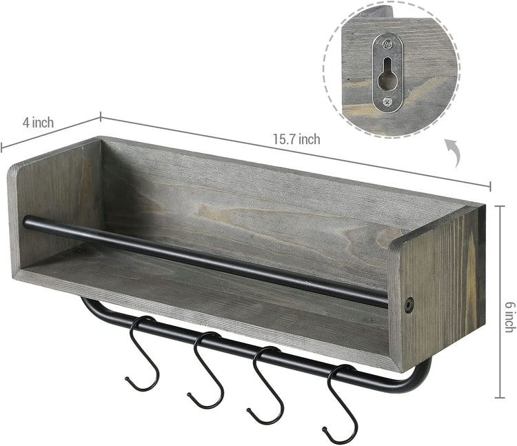 Gray Wood Wall Mounted Floating Display Shelf with Black Metal Hanger Holder Bar with 4 Utility Hooks-MyGift