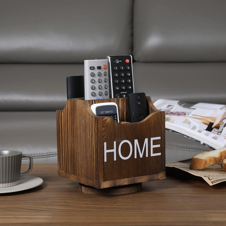 360-Degree Rotating Remote Control Caddy, Wooden Desktop Organizer with Burnt Wood Finish, White Stenciled HOME-MyGift