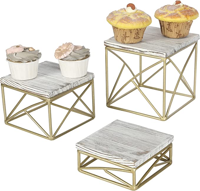 Rustic Whitewashed Wood Top and Geometric Brass Metal Wire Base Cupcake Stand, Dessert Display Risers, Set of 3-MyGift