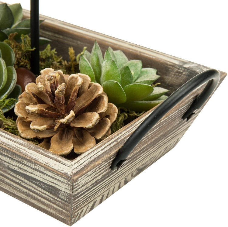 3 Metal Candle Holders with Torched Wood Tray and Artificial Succulent, Pine Cone Decorations-MyGift