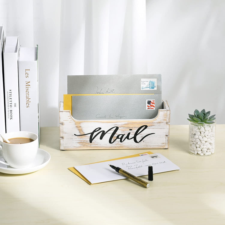 Crate Style Whitewashed Wood Mail Sorter Organizer Box with Cursive Writing "Mail" Label-MyGift