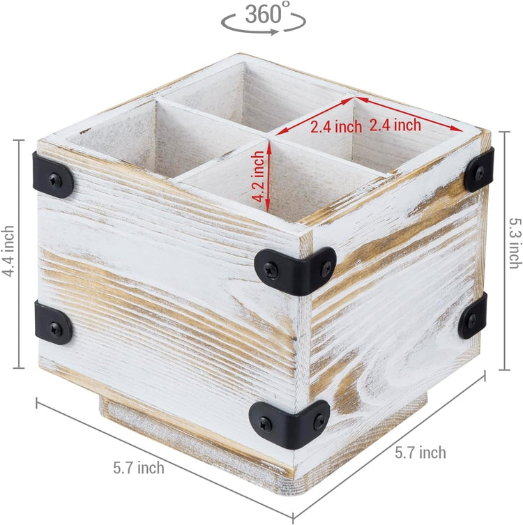 White Washed Solid Wood Rotatable Pencil Holders with Rotating Base and Decorative Corner Brackets-MyGift