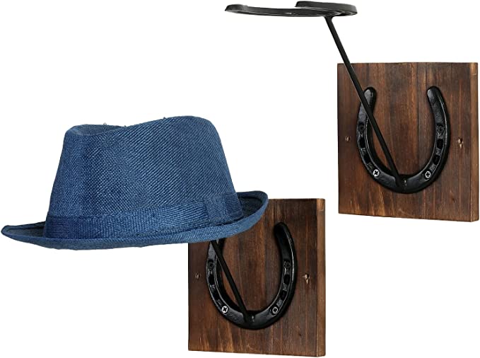 Vintage Burnt Wood Cast Iron Horseshoe Design Western Style Cowboy Hat, Hat Rack, Set of 2-MyGift