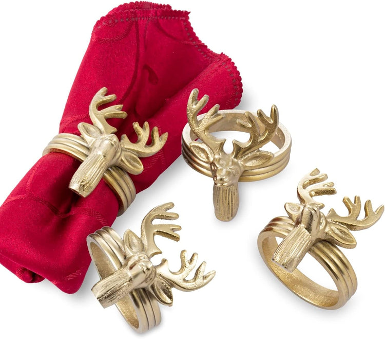 Set of 4, Deer Head Napkin Rings, Brass Tone Cast Aluminum Napkin Holders with Deer Design, Elk Cloth Serviette Holders-MyGift