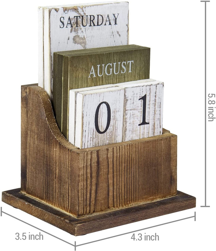 Vintage Brown Wood Desktop Block Perpetual Calendar, Wooden Tiles Month, Date and Day-MyGift