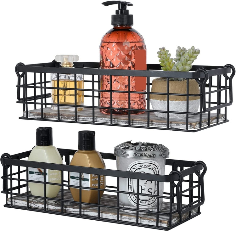 Set of 2, Storage Baskets with Handles, Black Metal Wire and Torched Wood Rectangular Wall Baskets-MyGift