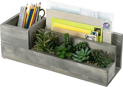 Gray Wood Desktop Organizer with Artificial Mini Succulent Plants, Mail Sorter and Office Stationery Holder-MyGift
