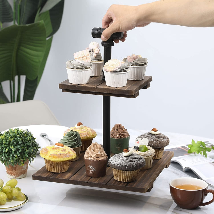 Burnt Wood and Black Metal Industrial Pipe 2-Tier Cupcake Holder Displ ...