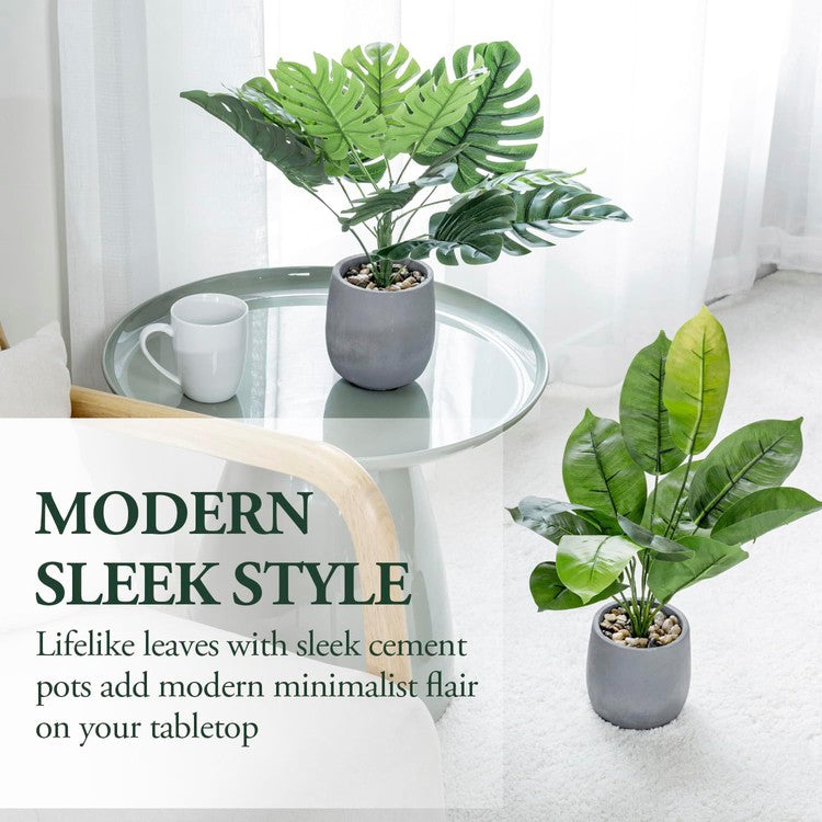 Tall Artificial Monstera and Banana Leaf Plant in Gray Concrete Planter Pots, Tabletop Faux Greenery Potted Indoor Plant-MyGift