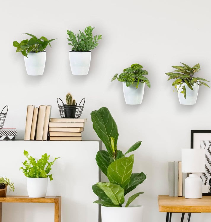 Set of 4, Wall Mounted White Plastic Self Watering Planter Pots, Small Hanging Double Layer Wall Planter-MyGift