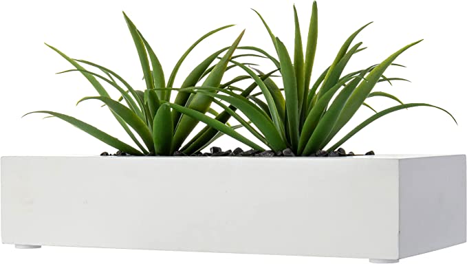 Tabletop Artificial Green Grass Plants in 10 Inch White Wood Rectangular Planter Pot-MyGift