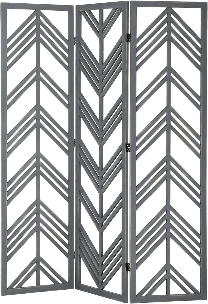 3 Panel Distressed Gray Wood Cut Out Chevron Design Room Divider, Standing Tri Fold Trellis Style Screen Partition-MyGift
