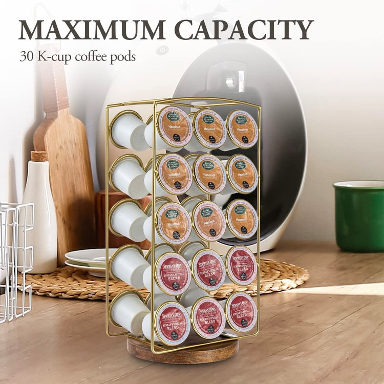 Brass Tone Plated Metal and Brown Mango Wood Coffee Pod Holder Stand, Tabletop Café Bar Coffee Capsule Storage Rack-MyGift