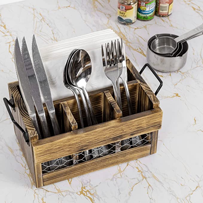 Brown Wood Utensil Holder & Napkin Rack with Black Metal Carry Handles and Chicken Wire Front Panel-MyGift