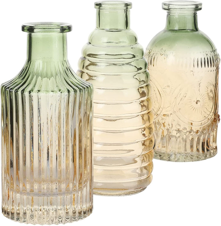 3 Pieces, Apothecary Glass Embossed Vases, Diffuser Bottles with Horizontal Vertical Ribbed Textures in Amber and Green-MyGift