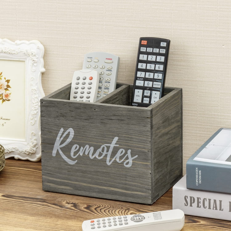 2 Slot Vintage Weathered Gray Wood Remote Control Holder Caddy, Media Storage Box-MyGift