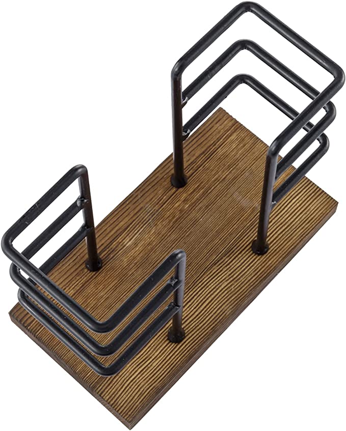 Freestanding Rustic Napkin Holder with Burnt Brown Wood and Industrial Black Metal Geometric Design-MyGift