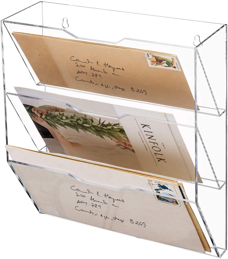3 Tier Clear Acrylic Wall Mounted Mail Holder, Entryway or Office Document Organizer Rack-MyGift