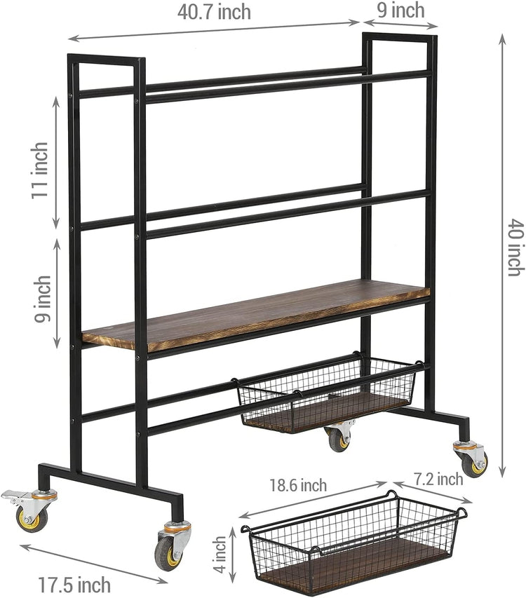 Small Rolling Racks Heavy Duty Black Metal Sports Equipment Rolling Rack with Wood Shelves ...