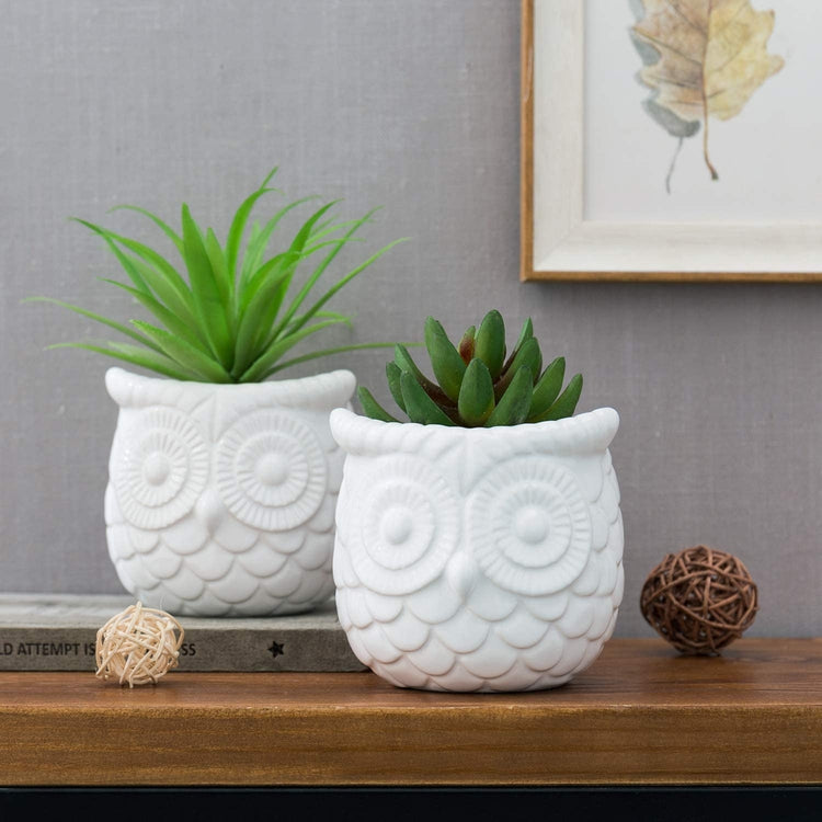 Set of 2 White Owl 4-inch Ceramic Succulent Planter Pot, Decorative Succulent Planter-MyGift